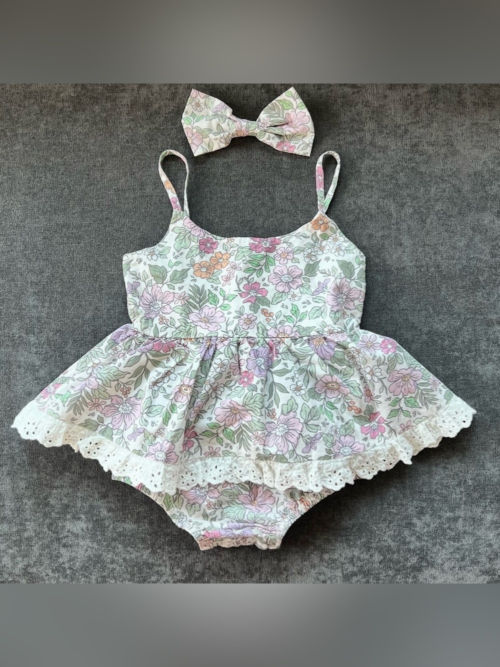 Arabella & Rose Floral Skirted Bubble and Matching Bow Size 12 Months